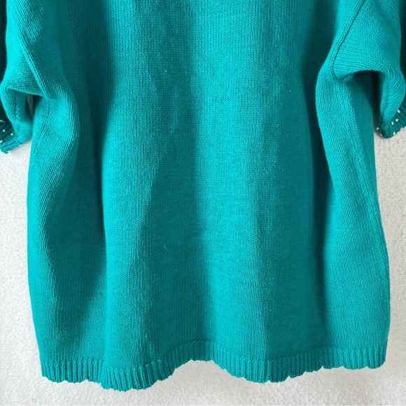 Vintage Sweater XL Lucia Cardigan Teal Green Knit Embroidered Floral Scalloped - Picture 12 of 16